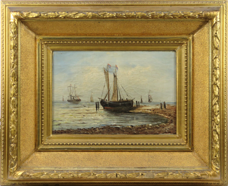 Okänd konstnär, 1800-talets mitt eller 2 hälft, olja, båt på strand, a tergo betecknad "Lund", 22 x 33 cm