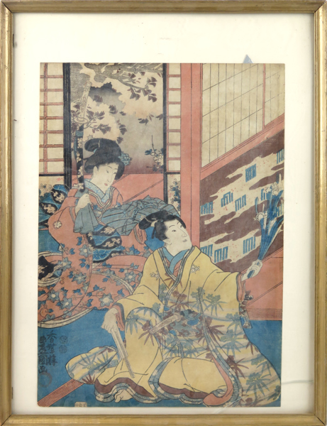 Toyokuni, Kôchôrô III, (Kunisada I),  träsnitt, man och kvinna, sign Toyokuni ga med Toshidama-sigill, 33 x 24 cm