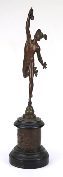 Giambologna (Jean de Boulogne), efter honom, skulptur, patinerad brons på svart marmorsockel, , Merkurius/Hermes, originalet från 1580, h 54 cm