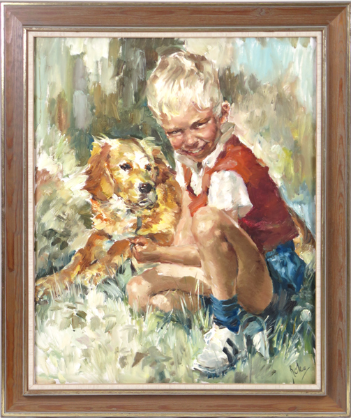 Roka, Charles, olja, pojke med hund, signerad, 81 x 66 cm