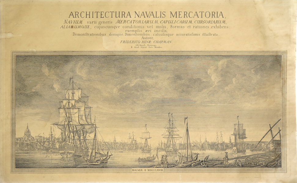 Årre, Olof Jacobsson, efter honom, kopparstick, Stockholm från Saltsjön 1768 - försättsblad till Fredrik Henrik af Chapmans "Architectura navalis mercatoria", pappersstorlek 48 x 78 cm, 