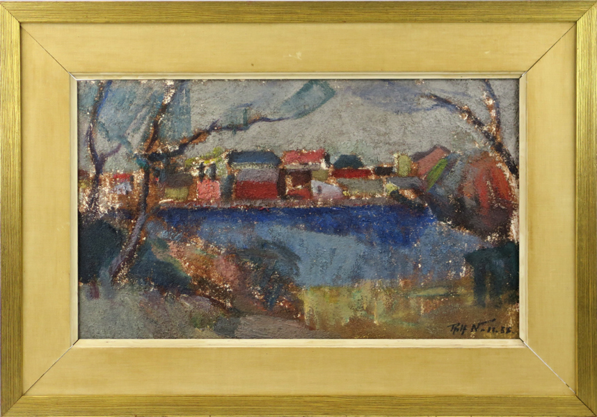 Norrman, Rolf, olja, landskap med hus, signerad och daterad -56, 23 x 40 cm