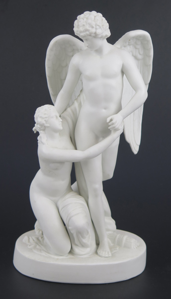 Sergel (Sergell), Johan Tobias, efter honom, figurgrupp, parian, ant Gustavsberg sekelskiftet 1900, Amor och Psyche, h 28 cm, obetydliga nagg på fingerspetsar