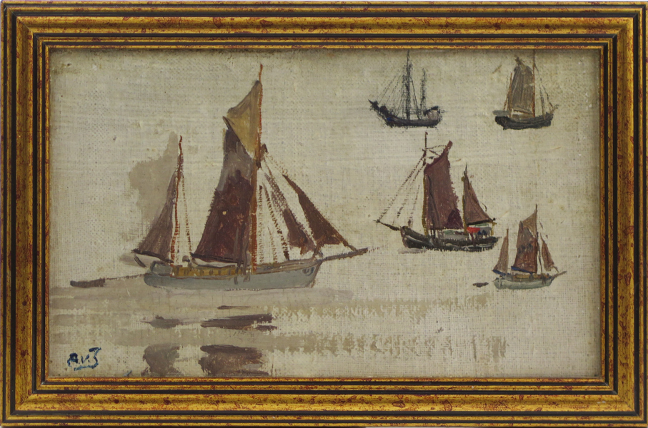 Okänd konstnär, olja, segelskutor, otydligt signerad A. v. S (?), 14 x 23 cm