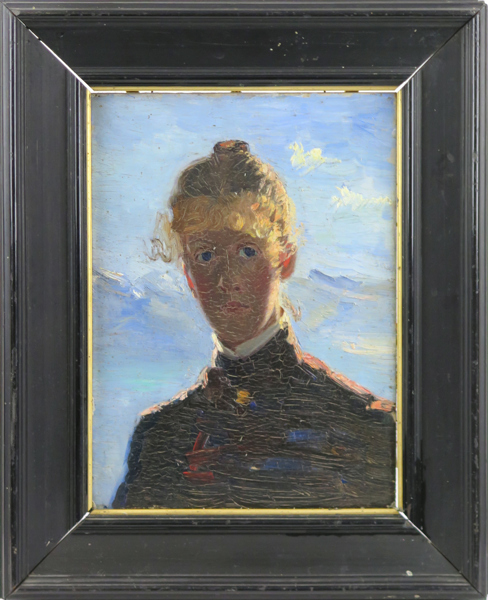 Barnekow, Elisabeth, olja på pannå, självporträtt, sannolikt tillkommet under konstnärens vistelse i Frankrike 1895-1900, 30 x 22 cm, proveniens: i arv inom familjen