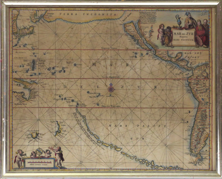 Janssonius, Jan, karta/sjökort, kopparstucken och handkolorerad, "Mar Del Zur Hispanis, Mare Pacificum", Amsterdam 1650, synlig pappersstorlek 44 x 55 cm, fläckar, reva, ej examinerad ur ram