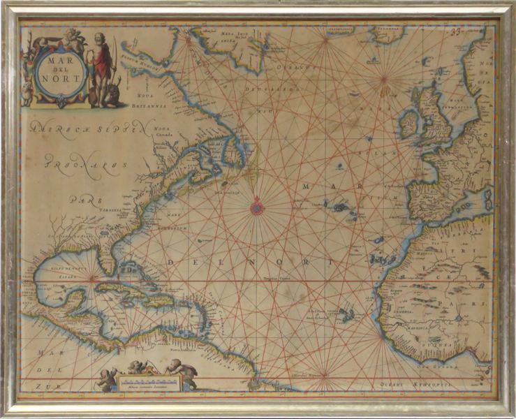 Janssonius, Jan, karta/sjökort, kopparstucken och handkolorerad, "Mar Del Nort", Amsterdam 1650, synlig pappersstorlek 44 x 55 cm, fläckar, ej examinerad ur ram