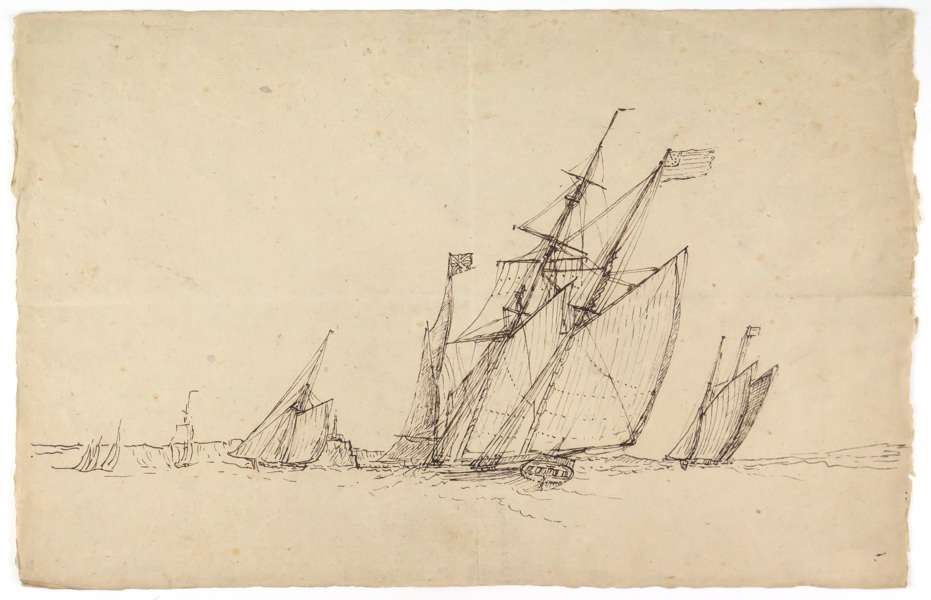 Okänd konstnär, 17-1800-tal, sepiateckning, amerikanska och brittiska fartyg vid kust, _3503a_8d86f84afb930b0_lg.jpeg