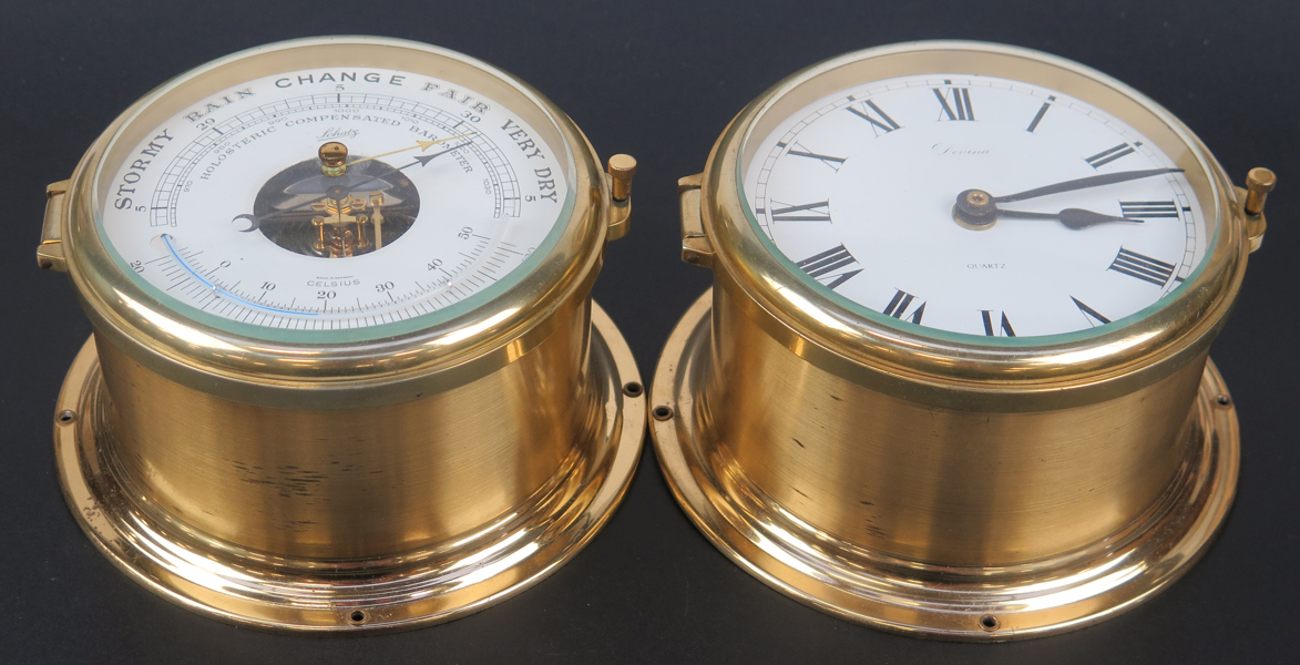 Skeppsbarometer respektive skeppsur Ship´s Bell, mässing, Schatz resp Devina, diameter 18 cm