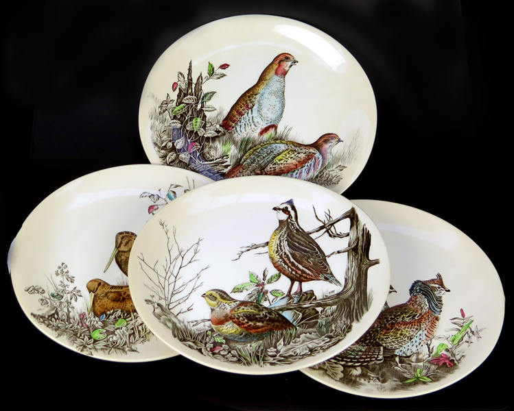 Okänd designer för Johnson Brothers, jakttallrikar, 4 st, flintgods, "Game Birds", l 28,5 cm