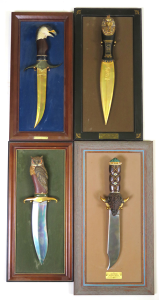 Knivar, 4 st, Franklin mint, Cheyenne Buffalo Knife, Eagle Knife, Owl Knife samt Tut  Ankhamon Knife, medföljer lösa plattor