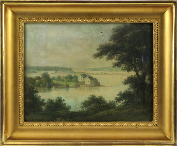 Julin, Johan Fredrik, akvarell, 1800-talets 1 hälft, herrgårdsbyggnad vid vatten, signerad, 25 x 32 cm