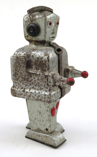 Mekanisk leksak, litograferad plåt, Strenco, Tyskland, 1950-tal, robot modell "ST1", h 18 cm, anlupen, antenn saknas