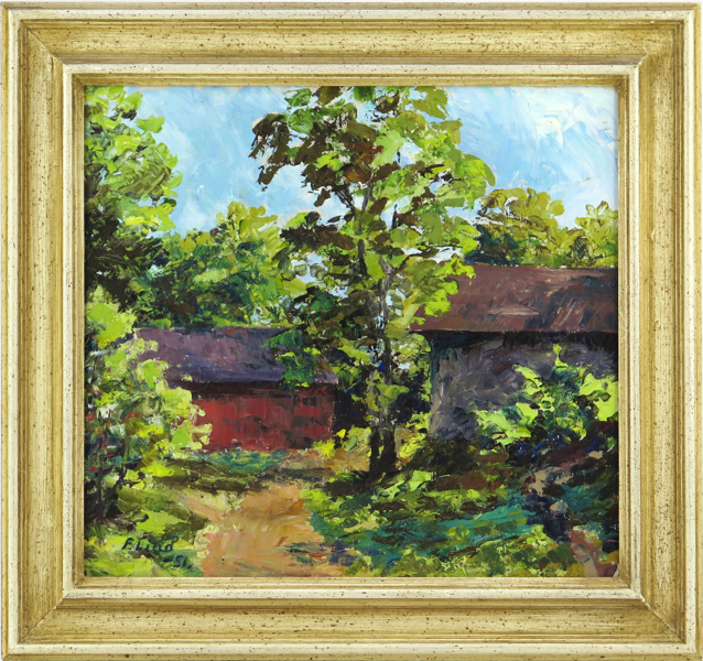 Lind, Folke, olja, "Hus bland träden", signerad och daterad -51, 30 x 33 cm