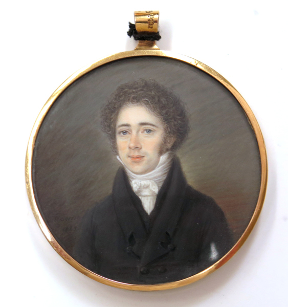 Anderson, Anders Gustaf, miniatyrmålning i 18 k guldram, gouache på ben, porträtt av Daniel Ferdinand Stockenberg (1797-1859), signerad och daterad 1823, baksida med infattad hårlock på siden, 