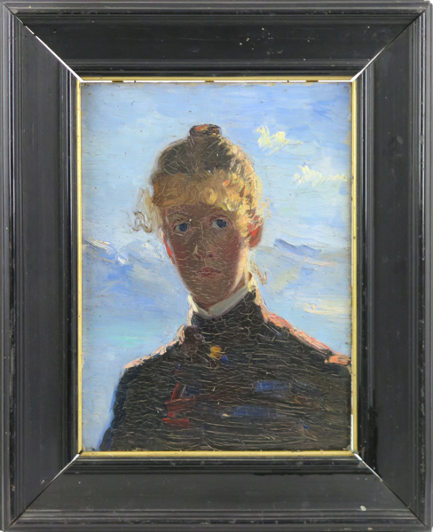 Barnekow, Elisabeth, olja på pannå, självporträtt, sannolikt tillkommet under konstnärens vistelse i Frankrike 1895-1900, 30 x 22 cm, proveniens: i arv inom familjen_35532a_lg.jpeg