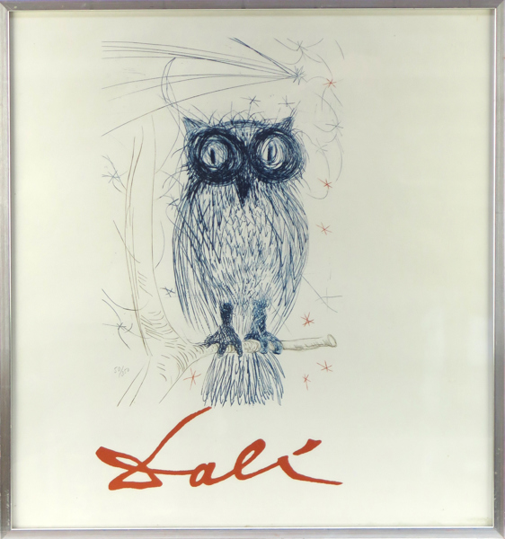 Dali, Salvador, litografi efter färgetsning, "La Chouette Bleue", éd J Schneider 1983 för Galerie Orangerie-Reinz, Köln, numrerad 50/350, synlig pappersstorlek 53 x 49 cm, 