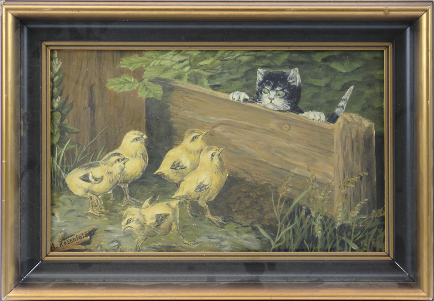 Rosenfeldt, A, sekelskiftet 1900, olja, katt och kycklingar, signerad, 20 x 32 cm