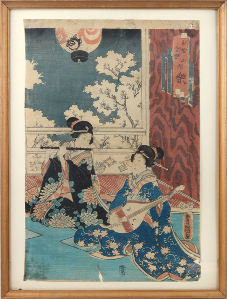Toyokuni, Kôchôrô III, (Kunisada I),  träsnitt, kvinnliga musiker, sign Toyokuni ga i Toshidama-kartusch, 37 x 25 cm, smärre pappersskador_35764a_lg.jpeg
