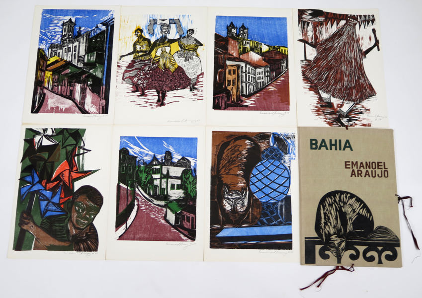 Araújo, Emanõel, portfölj med 7 färgträsnitt (samt smutstitel), "Bahia" 1964, samtliga signerade, ed Editóra Cultrix 1965, pappersstorlek 54 x 38 cm, _35820a_lg.jpeg