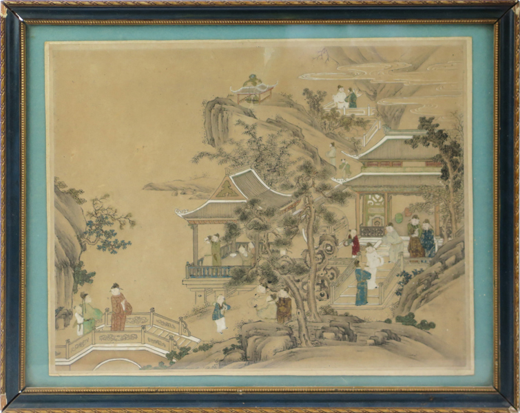 Teckning, akvarellerad tusch med guldinslag, Kina, Qing, personer i tempelmiljö, pappersstorlek 22 x 28 cm_35845a_lg.jpeg