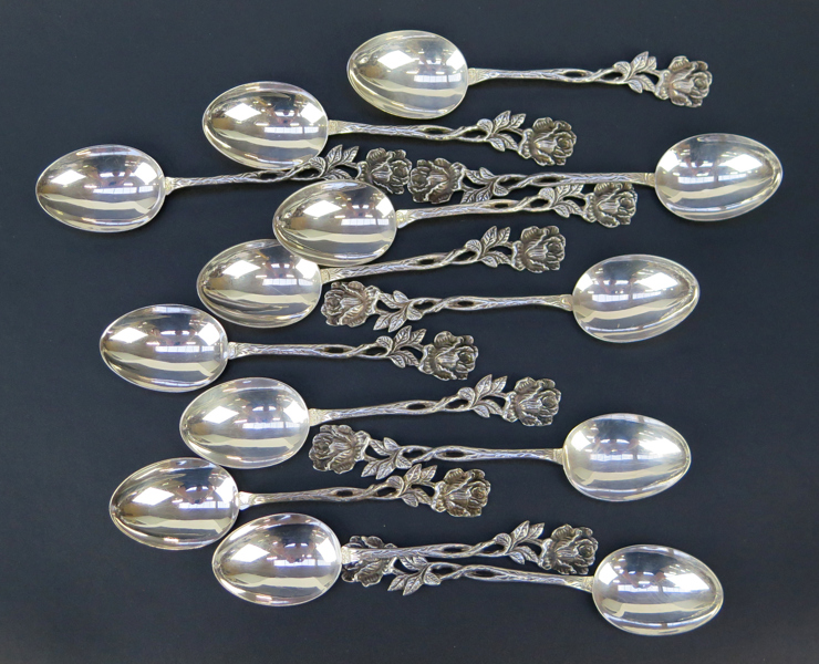 Dessertskedar, 13 st, silver, Rosen, stämplade Georg Wessfeldt Malmö, l 15 cm, total vikt 340 gram