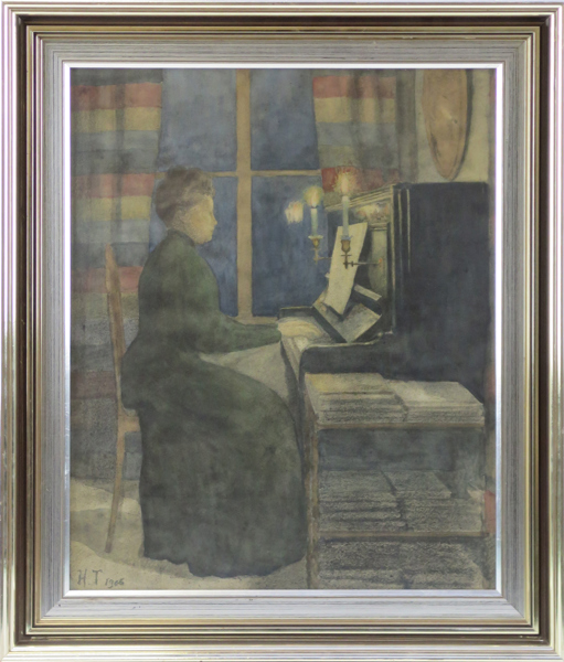 Tegnér, Hedvig, akvarell, interiör med musicerande kvinna, signerad och daterad 1906, synlig pappersstorlek 54 x 43 cm