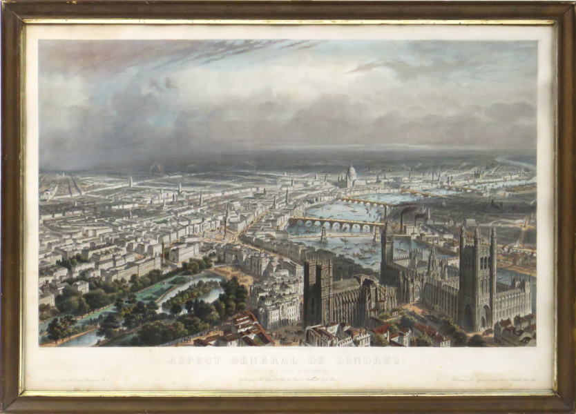 Appert, Arnaud efter Chapuis, Nicolas Marie Joseph akvatint och linjeetsning, handkolorerad, "Aspect Générale de Londres", ed Alfred Chardon, synlig pappersstorlek 61 x 89 cm