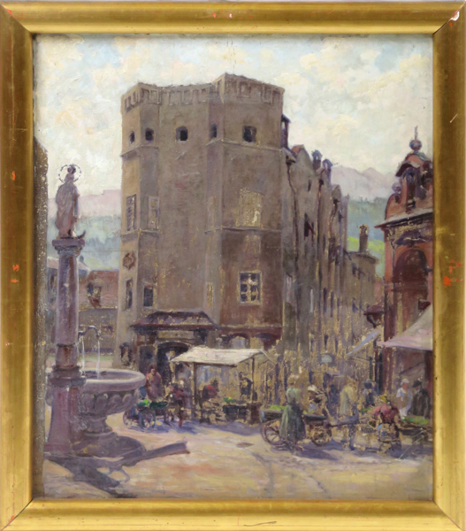 Schrag, Julius, tillskriven, olja, Oberer Stadtplatz, Hall im Tirol, 58 x 48 cm, prov: Ingeborg Ellmenreich née Heijkenskjöld