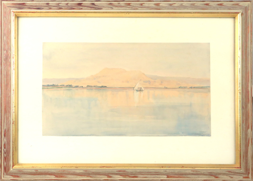 Okänd engelsk (?) konstnär, akvarell, felucca på Nilen, motiv från Luxor, sign IMG och otydligt daterad, synlig pappersstorlek 24 x 43 cm