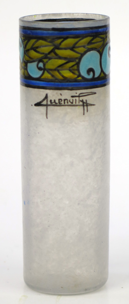 Quénvil, Henri, vas, delvis emaljerat glas, art-déco, 1920-tal, cylindrisk med stiliserad blomdekor, signerad, h 13 cm_36303a_8dc27e18c6e141e_lg.jpeg