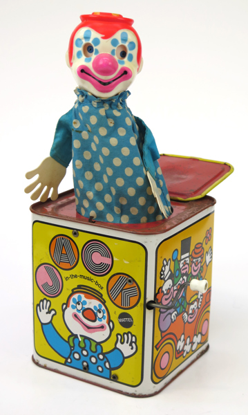 Okänd designer för Burbank Toys/Mattel inc, leksak, litograferad plåt och textil, "Jack-in-the-box", daterad 1968, total höjd 31 cm