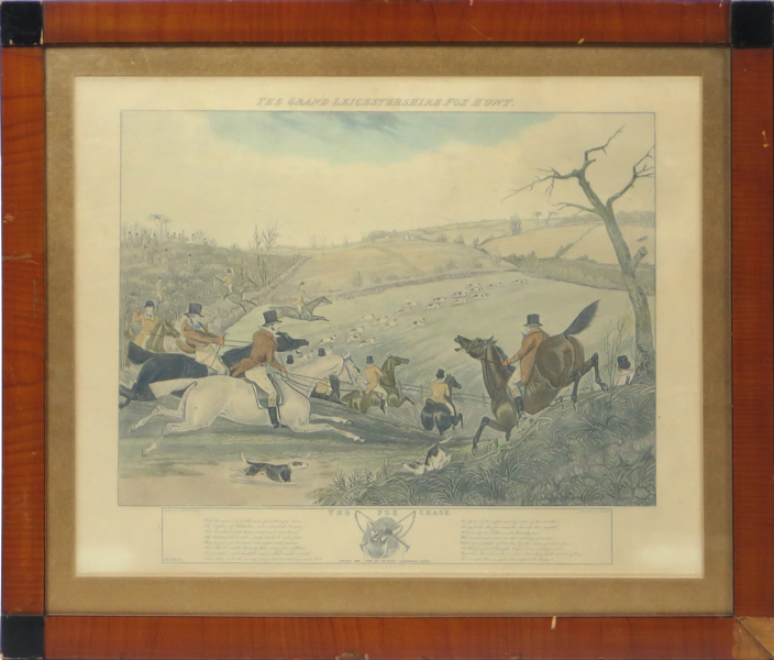 Akvatint (?), handkolorerad, "The Fox Chase", sekelskiftet 1900, i samtida ram, denna med små defekter, synlig pappersstorlek 48 x 54 cm