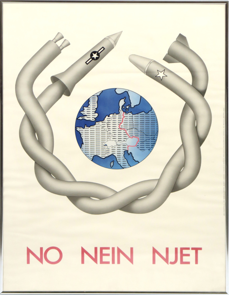 Reuterswärd, Carl Fredrik, färgoffset, "No, Nein, Njet", utförd till Nordiska Fredsrörelsens säkerhets-och nedrustningskonferens i Stockholm 1983, ed Carlsson & Browman, Stockholm 1983, 65 x 50 cm