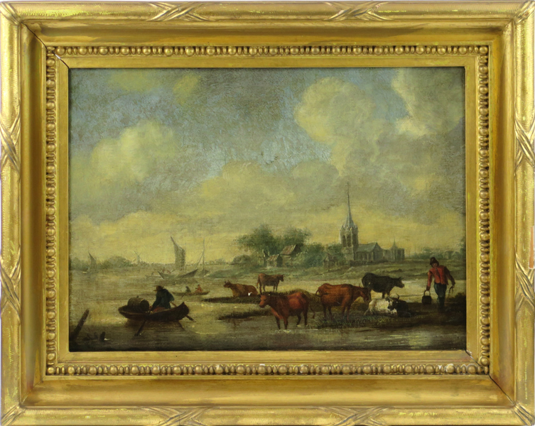 Okänd konstnär, 1800-talets 1 hälft, olja, kanallandskap med personer och boskap, 29 x 39 cm