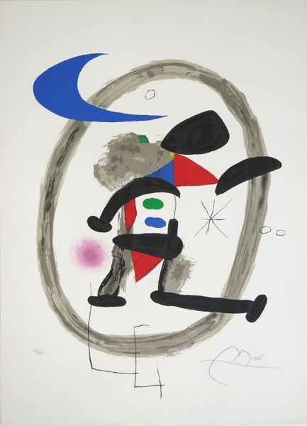 Miró, Joan, färglito, "Arlequin Circonscrit" 1973, signerad och numrerad 55/75, pappersstorlek 75,5 x 52 cm, litteratur: Mourlot 887