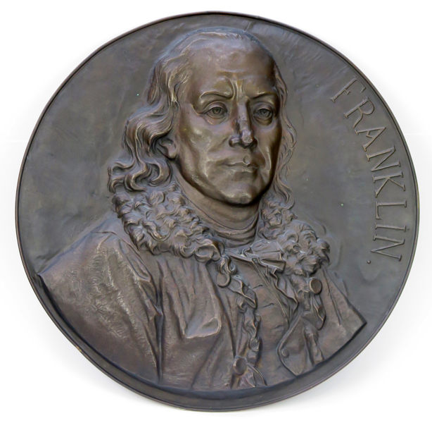 Okänd amerikansk konstnär, 1800-tal, relief, patinerad koppar, porträtt av Benjamin Franklin, otydlig signatur, dia 56 cm, smärre bucklor