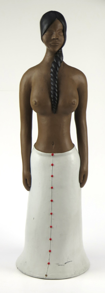 Okänd brasiliansk konstnär, skulptur, delvis bemålat lergods, stående, barbröstad kvinna, signerad Ubenildo (?), h 65 cm, lagning_37659a_lg.jpeg