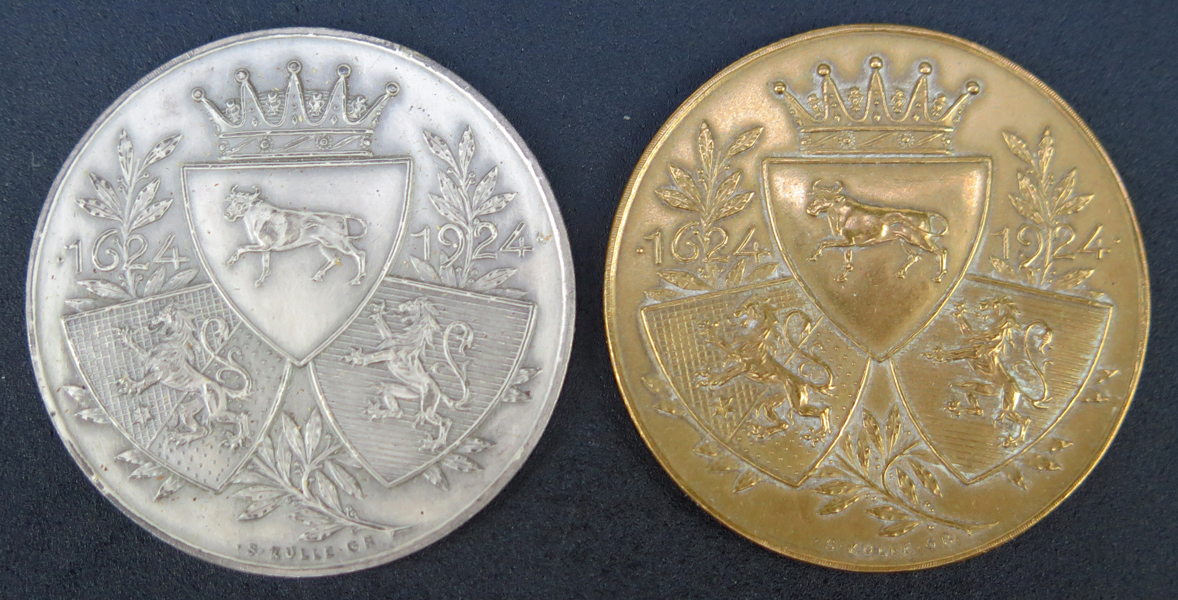 Medaljer, 2 st, silver respektive brons, Kungliga Västgöta Dals Regemente 300 år,1924 dia 44 mm_37846a_8dc4f3464b19693_lg.jpeg