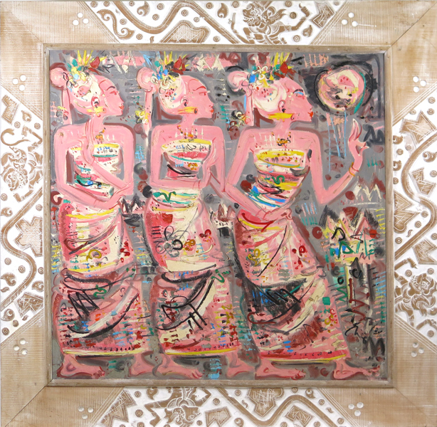 Gunarsa, Nyoman, olja, balinesiska kvinnor, signerad, 145 x 145 (!)  cm, i rikt skulpterad träram, proveniens: Rudana Fine Art Gallery Bali_37902a_8dc548f68c1f8ba_lg.jpeg