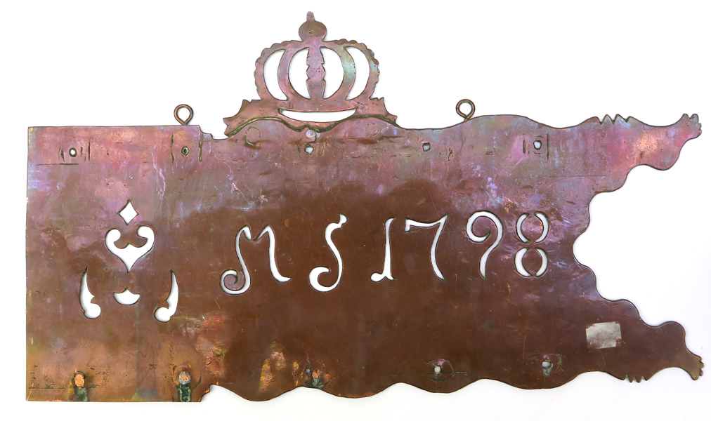 Vindflöjel, koppar, dekor av kunglig krona, initialer MS samt datering 1798, längd 43 cm_38058a_8dc57cc1f7d8c77_lg.jpeg