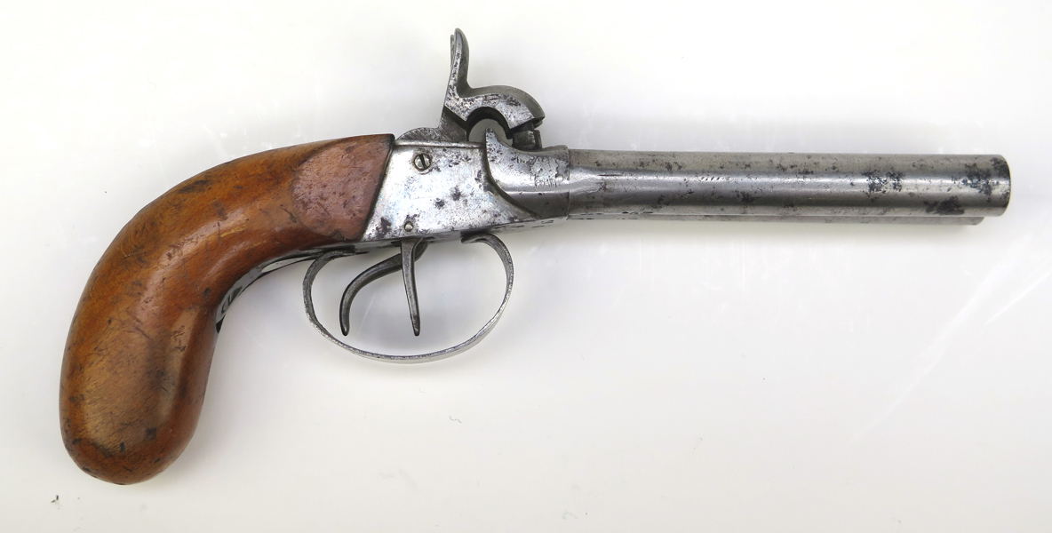 Pistol, slaglås, så kallad Weinbergare, Tyskland, 1800-talets mitt eller 2 hälft, dubbelpipig, låser på båda hanar, l 22 cm_38107a_8dc5a174e4dc0bc_lg.jpeg