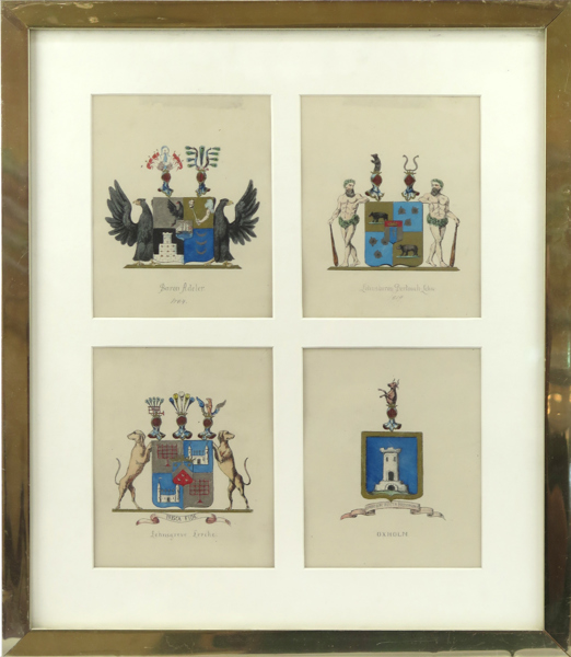 Akvarellerade tuschteckningar, 4 st samramade, danska adelsvapen; Adeler, Bertouch-Lehn, Lerche och Oxholm,  vardera synlig pappersstorlek 16 x 13 cm_38119a_lg.jpeg