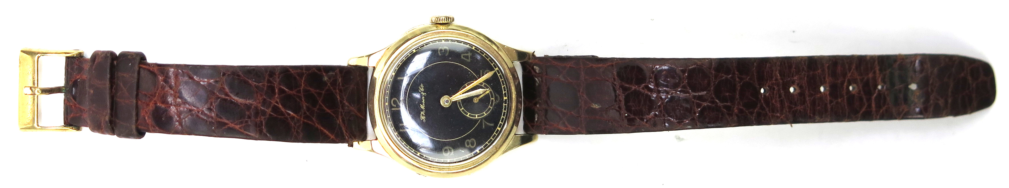 Herrarmbandsur, 14 karat rödguld, Henry Moser & Cie, 1950-tal, rem i alligatorimiterande läder, dia 32 mm