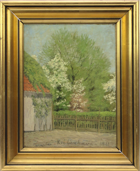 Luplau, Marie, olja, trädgård, signerad Kiöbenhavn och daterad 1911, 25 x 19 cm