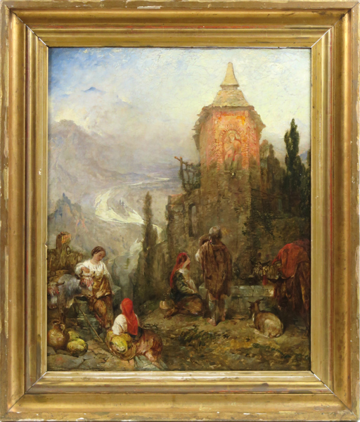 Okänd konstnär, olja, 1800-talets mitt, resande vid Italienskt vägaltare, 77 x 64 cm