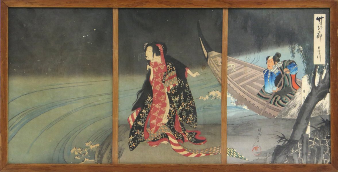 Chikanobu, Toyohara (Yoshu), träsnitt, triptych, The Boatman, ur serien Bamboo Knots, 1898, signerad Toyohara Chikanobu med Yoshu-sigill, yttermått 39 x 77 cm_38356a_lg.jpeg