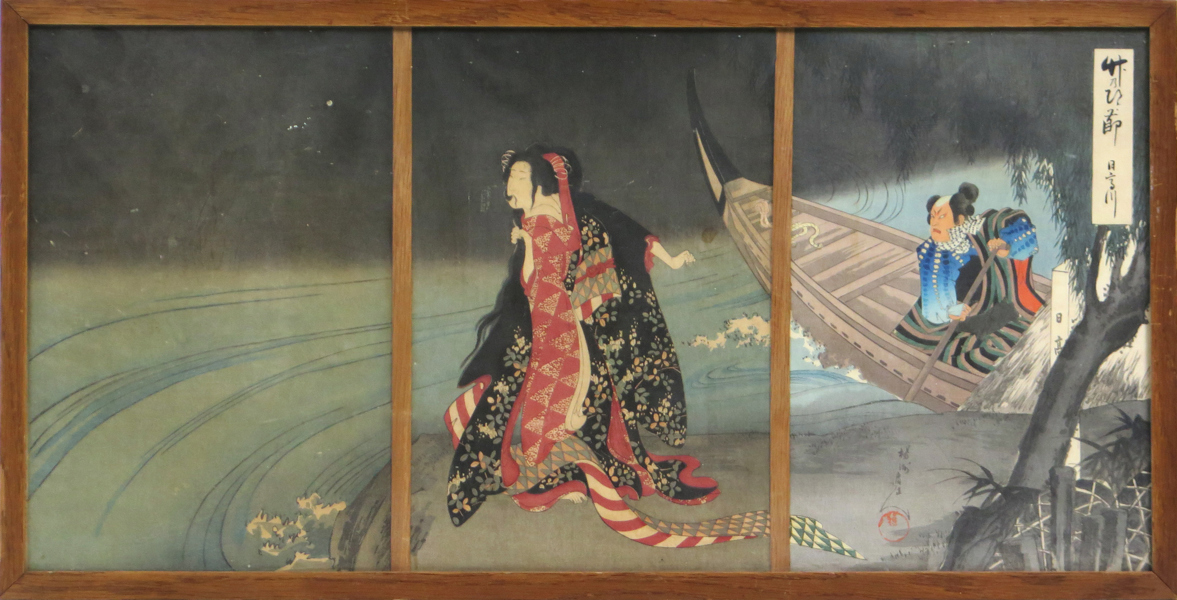 Chikanobu, Toyohara (Yoshu), träsnitt, triptych, The Boatman, ur serien Bamboo Knots, 1898, signerad Toyohara Chikanobu med Yoshu-sigill, yttermått 39 x 77 cm