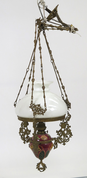 Takfotogenlampa, bronserad metall och majolika, 1900-tal, kupa i glas, denna diameter 32 cm_38383a_8dc6374a3f757f6_lg.jpeg