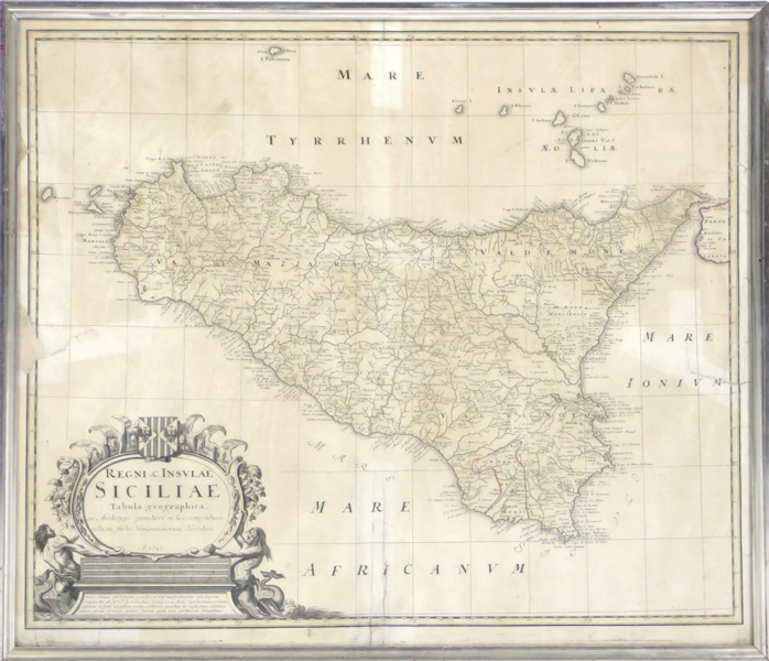 Karta, kopparstucken, Regniae & Insulae Siciliae, Homanns efterträdare 1747, synlig pappersstorlek 48 x 56 cm, marginalrevor